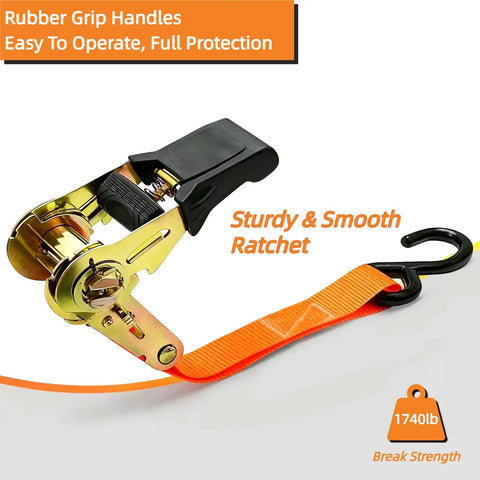 Trucker Grade Ratchet Tie Down Straps 8 Pack One Inch By 16 Feet Rock Solid Build With Beefy Rubber Handles securing a ratchet with rubber grips and bright orange strap.
