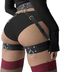 Premium Adjustable Punk Leather Thigh Harness For Women Durable Soft PU Waist Leg Garter on model showcasing back view.