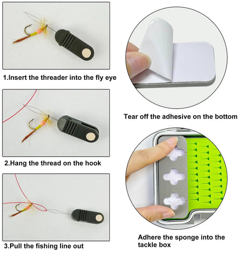Hook Threader Tool Set With Line Cutter Zinger Retractor Fly Patch Combo showing threading steps and adhesive sponge attachment.