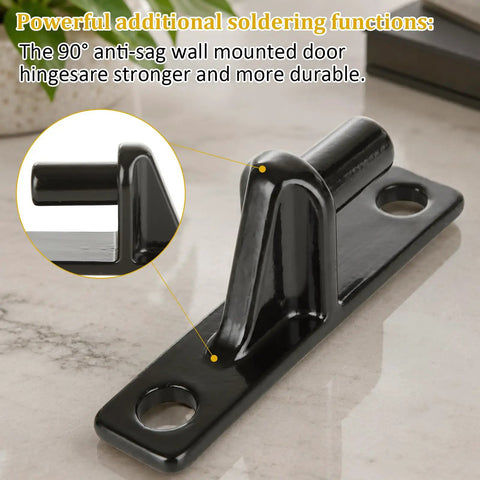 Rock Solid Four Pack Black Gate Hinges Made From Top Shelf 304 Stainless Steel For Outdoor Fences And Farms Rust Proof Heavy Duty Door Hardware Smooth Swing Action That Just Works Like A Charm detailed angle showing 90° anti-sag wall mounted hinge.