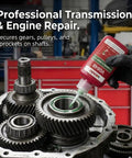 Applying Heavy Duty Retaining Compound For Cylindrical Parts And Bearings to gears, red bottle in workshop setting.