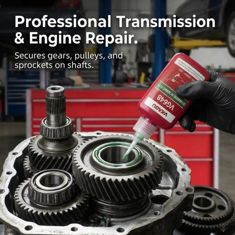 Applying Heavy Duty Retaining Compound For Cylindrical Parts And Bearings to gears, red bottle in workshop setting.