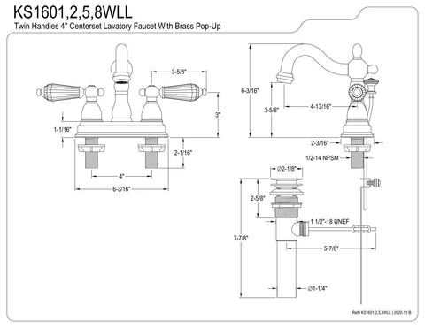 Diagram of Four Inch Centerset Lavatory Faucet With Brass Pop Up Drain Brushed Nickel Finish Four Inch Spout Reach