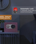 Compact Kid Safe For Money With Digital Lock And Code Mini Safe Box For Cash And Personal Items At Home Pink Measures 6.69 By 9.05 By 6.69 Inches Fits Under Table Or Closet on a shelf at home.