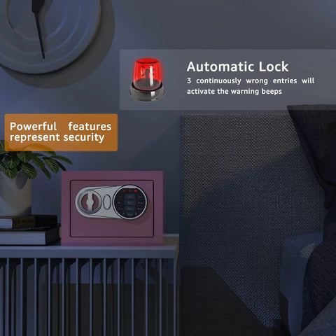 Compact Kid Safe For Money With Digital Lock And Code Mini Safe Box For Cash And Personal Items At Home Pink Measures 6.69 By 9.05 By 6.69 Inches Fits Under Table Or Closet on a shelf at home.