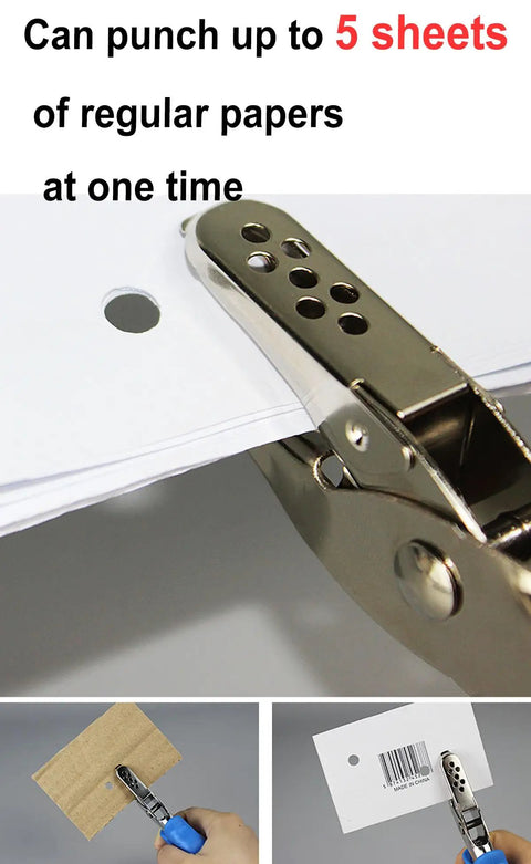 One Quarter Inch Circle Hole Punch, Metal Handheld Paper Punch With Soft Grip Handle demonstrating 5-sheet capacity