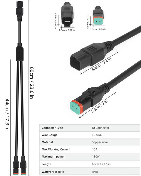 2-In-1 2ft Universal DT Splitter Wiring Harness with Plug-And-Play 2-Pin Extension Kit, showing connectors and dimensions