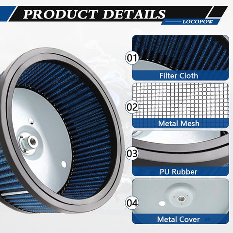 HD 0800 Air Filter Replacement 29442 99E for Harley Davidson with filter cloth, metal mesh, PU rubber, and metal cover.