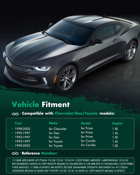 Dark gray sports car compatible with Chevrolet, Geo, Toyota models and vehicle fitment table with reference numbers