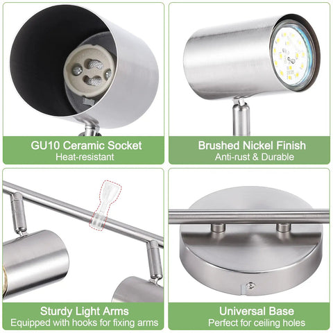 Dope 6 Light Brushed Nickel Ceiling Track Lighting Fixture Kit with GU10 heads detail and universal base, brushed finish and arms