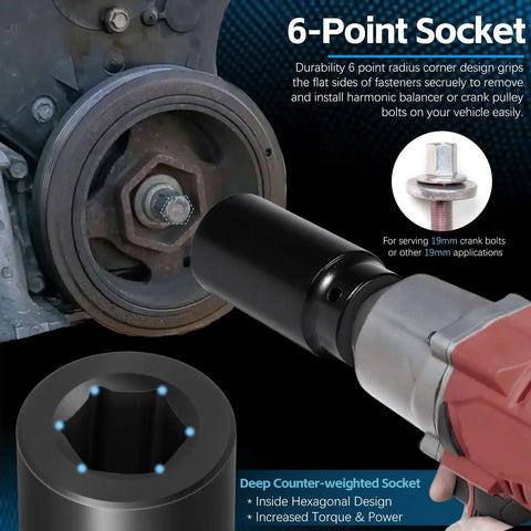 Honda 19mm Harmonic Balancer Socket Tool for Crank Bolt on engine, showing deep counter-weighted socket in use