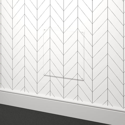 12 By 12 Natural Polystyrene Wall Access Panel For Plumbing And Electrical Service With Countersunk Screw Holes No Sweat Diy Installation Rock Solid Build No Framing Required Sweet Drywall Cover Quick Access Solution installed in herringbone pattern wall.