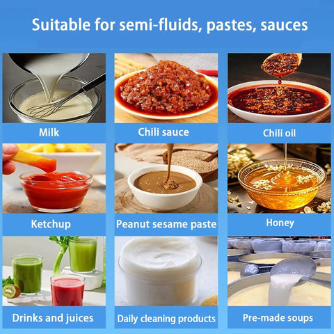 Heavy Duty Automatic Filling Machine For Viscous Liquids And Creamy Sauces Precision Paste Bottle Packager With Smart Touchscreen showcasing various semi-fluids like sauces and pastes.