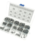 525 Piece E Clips And Retaining Rings Kit, 14 Metric Sizes Side Mount External Retaining Rings 1.2mm To 15mm Diameter, Carbon Steel With Black Phosphate Finish, Heavy Duty DIY Gear For Shafts And Machinery, shown in open plastic case with labeled compartments.