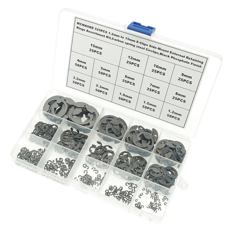 525 Piece E Clips And Retaining Rings Kit, 14 Metric Sizes Side Mount External Retaining Rings 1.2mm To 15mm Diameter, Carbon Steel With Black Phosphate Finish, Heavy Duty DIY Gear For Shafts And Machinery, shown in open plastic case with labeled compartments.