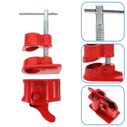 Lightweight Half Inch Red Pipe Clamp For Woodworking, Quick Release Workholding Clamp For Pex And PVC Pipes, Adjustable C Shaped G Clamp, Rustproof Durable Tool For Safe Secure Glue Ups; front and side views showing clamp details