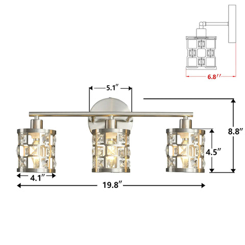 Three Light Brushed Nickel Vanity Light Fixture With Cylinder Crystal Shades Over Mirror Slick Modern Wall Sconce diagram