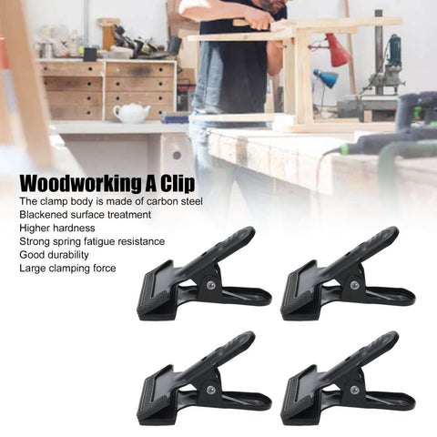 Set Of 4 Heavy Duty Wide Mouth Metal Spring Clamps For Woodworking And Diy Projects Great For Photography Backdrops Bonding Panels Hanging Fabric Papers And Small Fixtures Built From High Hardness Carbon Steel on display with workshop background.