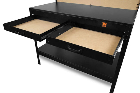 Heavy Duty 48 Inch Workbench With Power Outlets And Light, Black Finish, Two Drawers Plus Upper And Lower Shelves With Pegboard