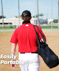 Person carrying portable bag for 12x9 Foot Barricade Backstop Net For Baseball Softball Lacrosse Soccer Basketball And More Durable 5 Ply Knotless Netting Black Practice Barrier Net For Backyard Or Field Training