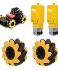 Mecanum wheel set: four 48mm yellow rubber-coated wheels with rollers, plus two TT motors and a DIY robot chassis.