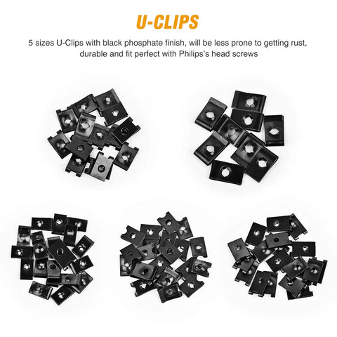 Assorted 5 sizes black U-clips from 170 Piece Car U Clip And Screw Kit With 9 Sizes For Universal Auto Interior Dash Door Panel Replacement Parts U Nuts Fasteners And Clips For Repair DIY Projects