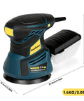 Slick Five Inch Orbital Sander With Six Speed Controls And Killer Dust Collection For Dead Simple Wood And Metal Refinishing At Thirteen Thousand Rpm With Twenty Grit Abrasive Discs Ready To Go, showing motor and dust collection.