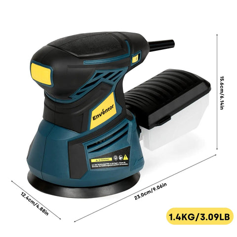 Slick Five Inch Orbital Sander With Six Speed Controls And Killer Dust Collection For Dead Simple Wood And Metal Refinishing At Thirteen Thousand Rpm With Twenty Grit Abrasive Discs Ready To Go, showing motor and dust collection.