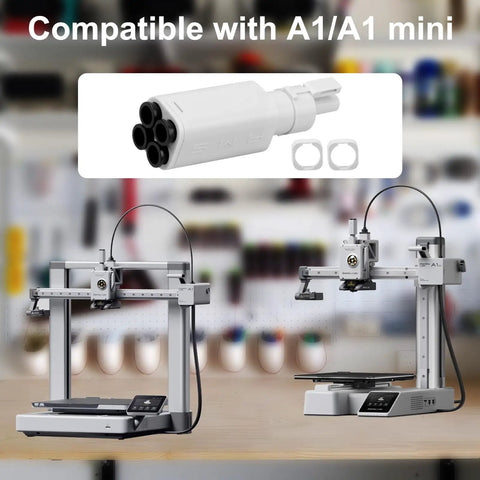 AMS Lite Filament Hub Five Way Switch Kit for A1 and A1 Mini 3D Printers with Low Friction PTFE Adapter, showing compatibility with A1/A1 Mini.