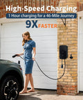 Woman using Level 2 EV Charger With 48 Amp 240V Power, Heavy Duty Metal Case, NEMA 14-50 Plug, Indoor Outdoor Use, 25 Ft Cord