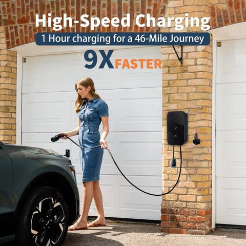 Woman using Level 2 EV Charger With 48 Amp 240V Power, Heavy Duty Metal Case, NEMA 14-50 Plug, Indoor Outdoor Use, 25 Ft Cord