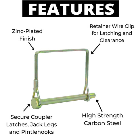 Gold Trailer Pins Pack Of Ten For Farm Trailers And Towing, Two And Three Quarter Inches Long And One Quarter Inch In Diameter, zinc-plated pin with retainer wire clip