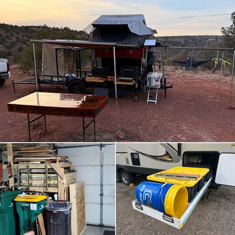 Outdoor camping setup with Heavy Duty Locking Drawer Slides 10 To 80 Inch Full Extension Pair, storage in RVs and tool boxes