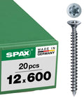 T Star Plus Wood Screw 12.0 x 600 mm Countersunk Head With Milling Ribs Fully Threaded Cut Tip Wirox A3J Pack of 20