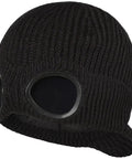 Unisex Peak Ski Beanie With Thick Fleece Lining, Cozy Knit Hat For Winter shown with goggles, thick black acrylic knit