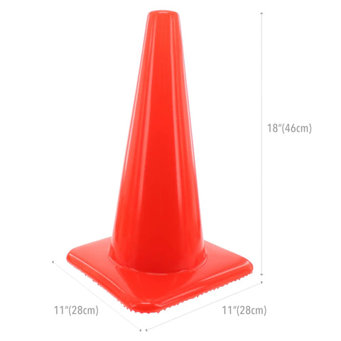Bright Orange 18 Inch Traffic Cone Built Tough For Weather Resistance, showing dimensions, on white background.