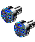 Six Port Usb C Car Charger With Pd Qc3.0 Fast Charging And Voltage Monitor Built Different Essential For Your Ride Fam Fits All iPhones And Androids Double Pack, featuring two car chargers with digital voltage display.