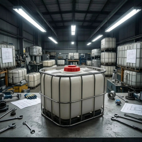 Mycense Ibc Container Lid Replacement Cap For 275 Gallon Tote Barrel Cover in industrial setting with red lid and metal frame.