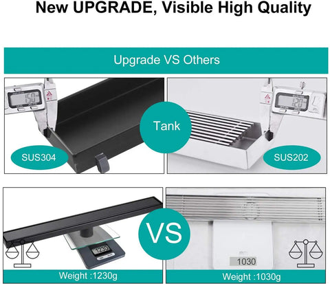 Product comparison showing 24 Inch Linear Shower Drain With 2 In 1 Flat And Tile Insert Matte Black Brushed 304 Stainless Steel Rectangle Shower