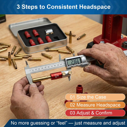 Person using caliper to measure headspace with Gauge Comparator Kit; includes bushings in tray and reloading setup.