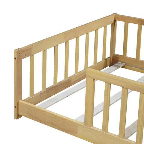 Twin Montessori Floor Bed With Full Surround Safety Guardrails For Little Explorers, Crafted From Premium Pine Wood Side view of guardrails and support slats.