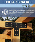 Straight Up Heavy Duty T Shape Metal Brackets, Rock Solid Carbon Steel Truss Connectors For Wood Post Repair, Contractor Grade Pergola Beam Hardware Kit Including 56 Screws And Socket Wrench, Black mounted on wooden pergola.
