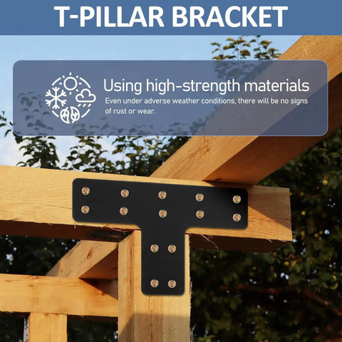 Straight Up Heavy Duty T Shape Metal Brackets, Rock Solid Carbon Steel Truss Connectors For Wood Post Repair, Contractor Grade Pergola Beam Hardware Kit Including 56 Screws And Socket Wrench, Black mounted on wooden pergola.