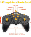 Remote control for 9 Channel RC Front Loader 4WD Alloy Shovel Loader Tractor With Lights. Controls labeled for kids aged 8 to 12.