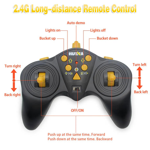 Remote control for 9 Channel RC Front Loader 4WD Alloy Shovel Loader Tractor With Lights. Controls labeled for kids aged 8 to 12.