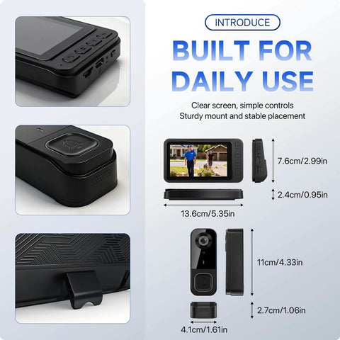 Dimensions and close-up of Wireless HD Video Doorbell With 4.5 Inch Indoor Monitor No WiFi Or App Needed Two Way Talk Night Vision