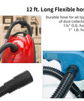 12 Foot Dust Collection Hose Kit For Woodworking Tools With Flexible Hoses connected to red and blue shop vacuums
