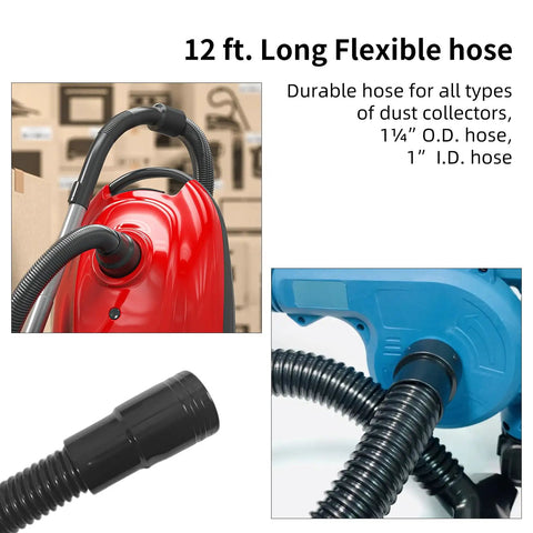 12 Foot Dust Collection Hose Kit For Woodworking Tools With Flexible Hoses connected to red and blue shop vacuums