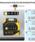 4 In 1 Laser Tape Measure With Cross Line Laser Retractable Tape 328 Ft Laser Range And 16 Ft Tape Fast Accurate Measurements For DIY Home Reno And Pro Builds; unit switch display