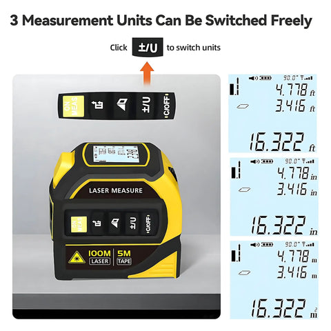 4 In 1 Laser Tape Measure With Cross Line Laser Retractable Tape 328 Ft Laser Range And 16 Ft Tape Fast Accurate Measurements For DIY Home Reno And Pro Builds; unit switch display